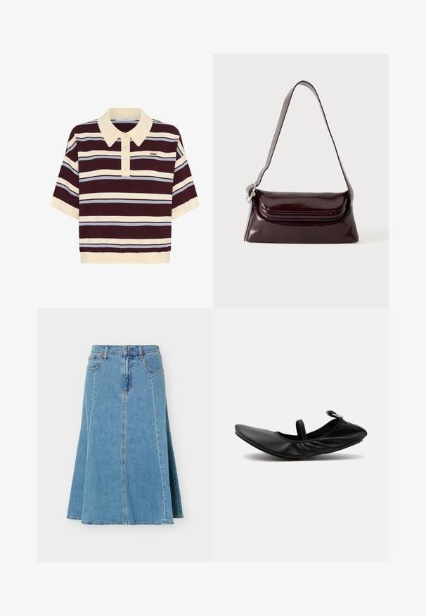 Korte mouwen polo shirt in kastanjebruin en crèmekleurige strepen met lichtblauwe accenten, met een kraag en knoopsluiting. Zacht gebreide stof.; Blauwe denim A-lijn rok met knoop- en ritssluiting aan de voorkant, voor- en achterzakken, en zichtbare verticale naden.; Zwarte gevouwen leren ballerina platte schoen met een enkele band en zilveren gesp op een effen lichte achtergrond.; Donker bordeauxkleurige leren schoudertas met klep en een smalle verstelbare riem, weergegeven op een effen lichte achtergrond.