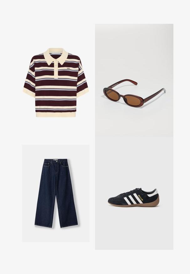 Kortærmet polo-shirt i mørkerød og creme striber med lyseblå accenter, der har krave og knaplukning. Blødt strikket stof.; Mørkeblå vidde denimjeans med knap- og lynlås foran, forlommer og bæltestropper, lagt fladt på en hvid baggrund.; Sort ruskindssneaker med tre hvide striber, gummisål og et lille gyldent logo på siden. Har en glat sort foring indvendigt.; Runde, bruntonede solbriller med en glansfuld bordeauxramme. Slanke arme med diskret brandingdetalje. Flad linsedesign.