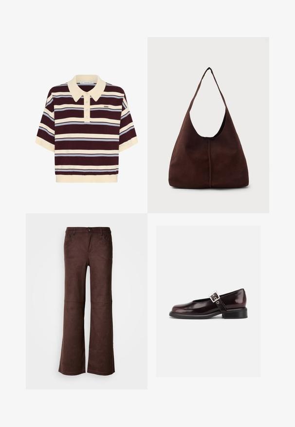 Korte mouwen polo shirt in kastanjebruin en crèmekleurige strepen met lichtblauwe accenten, met een kraag en knoopsluiting. Zacht gebreide stof.; Bruine flared pants van een zachte, suede-achtige stof. Beschikt over vier zakken, een knoopsluiting en een gladde, gestructureerde oppervlakte.; Enkele glanzende donker bordeauxrode Mary Jane schoen met brede band en zilveren gesp, lage blokhak en afgeronde neus op witte achtergrond.; Bruine suède hobo tas met een grote, gebogen opening en een brede schouderband. Heeft een centrale naad aan de voorkant. Glad van structuur.