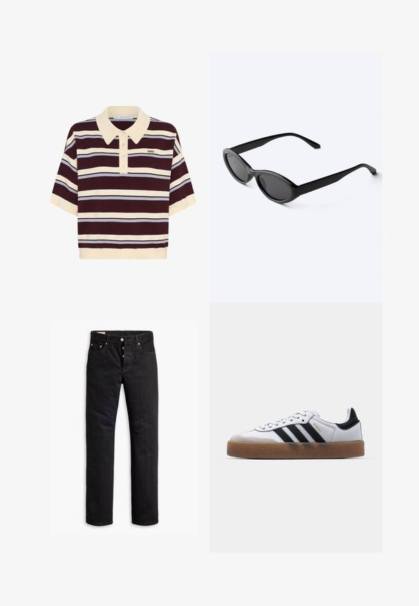 Polo shirt à manches courtes rayé bordeaux et crème avec des accents bleu clair, doté d'un col et d'une patte de boutonnage. Tissus en tricot doux.; Jean en denim noir à coupe droite, avec un design à cinq poches et une fermeture éclair à boutons. Présente des rivets en cuivre et des accents de broderie.; Baskets en cuir blanc avec des rayures noires, semelle extérieure en caoutchouc beige, bout rond, fermeture lacée et embout en suède gris doux.; Lunettes de soleil ovales noires et élégantes avec des verres foncés et des branches droites, posées sur une surface blanche.