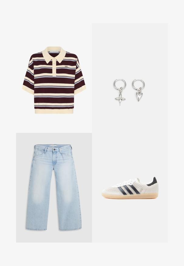 Kortærmet polo-shirt i mørkerød og creme striber med lyseblå accenter, der har krave og knaplukning. Blødt strikket stof.; Lyseblå vid nederdel jeans lavet af denim. Har lige snit, fem lommers design og knaplukning i taljen.; Hvide mesh-sneakers med sort tre-stribet design, rundet tå og gummisål. Har blød hælkant og snørelukning.; Sølv hoop øreringe med et kors og hjerte charm. Glat, skinnende tekstur med en poleret finish. Hver charm hænger fra en sikker løkke.