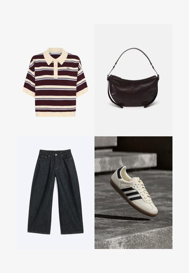Kortærmet polo-shirt i mørkerød og creme striber med lyseblå accenter, der har krave og knaplukning. Blødt strikket stof.; Mørkeblå vidbenede denimjeans med forlommer og bæltestropper, lagt fladt på en lys baggrund.; Hvid Adidas Samba sneaker med sorte striber og gummsål, svævende over teksturerede grå betonstrin.; Mørkebrun læder skuldertaske med en buet form, glat tekstur og en enkelt justerbar rem. Har lynlåslukning.