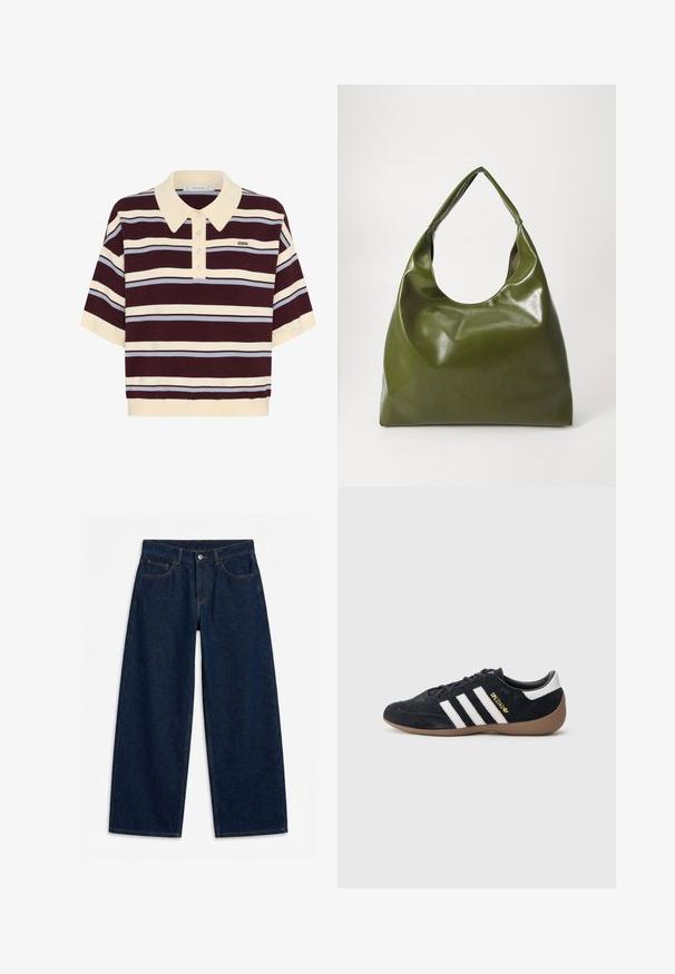 Polo shirt à manches courtes rayé bordeaux et crème avec des accents bleu clair, doté d'un col et d'une patte de boutonnage. Tissus en tricot doux.; Jean denim bleu foncé à jambes larges avec bouton et fermeture éclair à l'avant, passants pour ceinture, et style cinq poches, posé à plat sur un fond blanc.; Baskets en daim noir avec trois bandes blanches, semelle en caoutchouc beige, et un petit logo doré sur le côté. Dotées d'une doublure intérieure noire lisse.; Sac hobo en cuir vert au design décontracté, avec une poignée incurvée et une texture lisse. Ne contient aucun matériel ou accent visible.