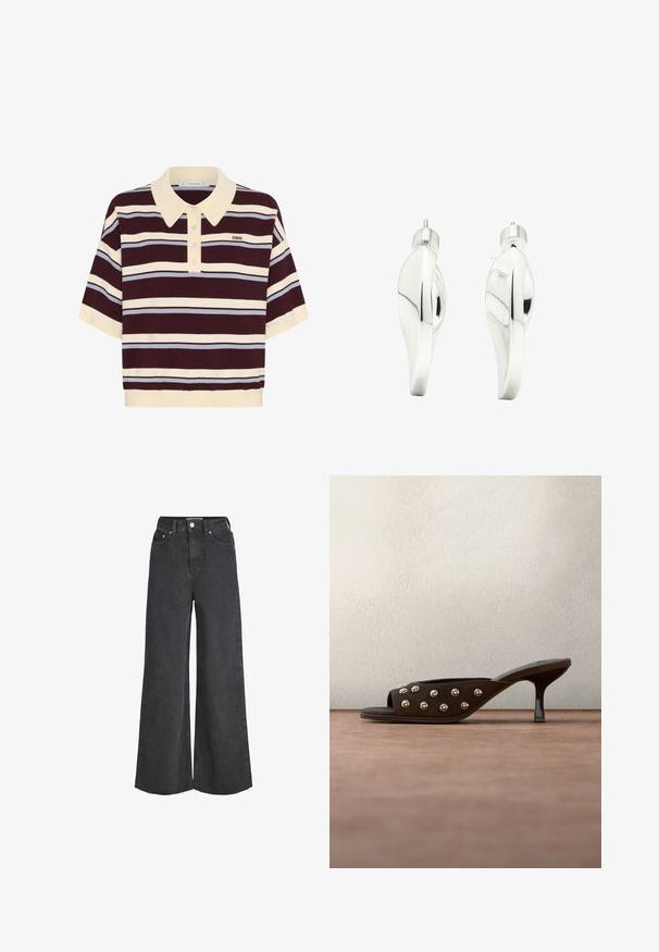 Kortærmet polo-shirt i mørkerød og creme striber med lyseblå accenter, der har krave og knaplukning. Blødt strikket stof.; Sorte jeans med høj talje og vide ben, lukkes foran med knap og lynlås, forlommer og frynset kant.; Mørkebrun mule med høj hæl og guldnitter på remmen, vist svævende over en grå gulv foran slørede grønne paneler.; Par polished sølv snoet loop øreringe med post ryg på hvid baggrund.