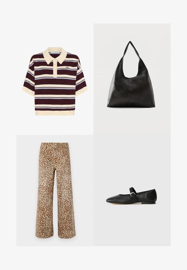 Kortærmet polo-shirt i mørkerød og creme striber med lyseblå accenter, der har krave og knaplukning. Blødt strikket stof.; Bredde ben bukser med leopardmønster i brune og tan nuancer, med klassisk talje, knaplukning og fem lommer.; Sorte læder balletflade med en spids tå, rem med spænde detaljer og en lav, flad sål. Glat tekstur med minimale designelementer.; Sort skuldertaske i glat læder med en bred, enkelt strop og et afslappet, minimalistisk design mod en ensfarvet baggrund.