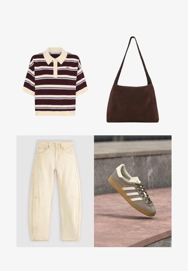 Kortærmet polo-shirt i mørkerød og creme striber med lyseblå accenter, der har krave og knaplukning. Blødt strikket stof.; Beige denim jeans med en afslappet pasform, der har høj talje, fem lommer og diskret fading. Uferdige detaljer ved anklerne.; Lysebrun ruskinds Adidas-sneaker med hvide striber og gummisål, svævende over lyserøde stentrapper udendørs.; Brun ruskind skuldertaske med en slaskede form, enkelt bredt bånd og simpelt design. Har synlige syninger langs kanterne.
