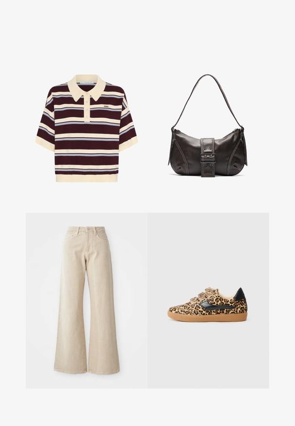 Kortærmet polo-shirt i mørkerød og creme striber med lyseblå accenter, der har krave og knaplukning. Blødt strikket stof.; Beige brede benjeans lavet af denim, med høj talje, forlommer og et enkelt design uden mønstre eller detaljer.; Sneakers med leopardprint og sorte detaljer, med en struktureret overdel, velcrostropper og en gummisål. Sideprofil.; Brun læder skuldertaske med en buet form, der har et fremtrædende spænde, kontrasterende syninger og en enkelt skulderrem.