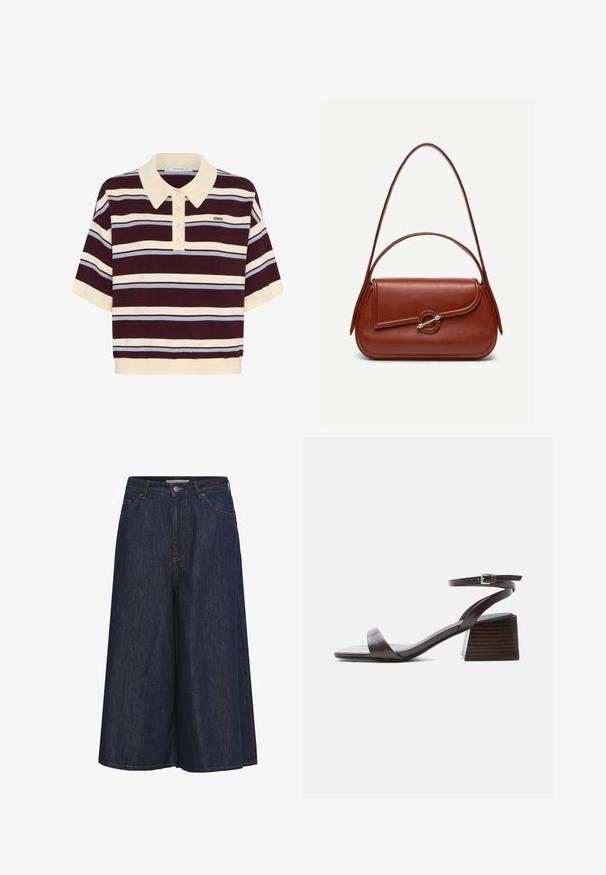 Kortærmet polo-shirt i mørkerød og creme striber med lyseblå accenter, der har krave og knaplukning. Blødt strikket stof.; Mørkeblå vide denim culottes med frontknap, lynlåslukning, bæltestropper og forlommer.; Mørkebrune lædersandal med ankelrem, lav blokhæl og åben tå, vist i sideprofil på hvid baggrund.; Brun skuldertaske i læder med afrundet rektangulær form, asymmetrisk klap, sølvfarvet rund lukning og to tynde stropper.