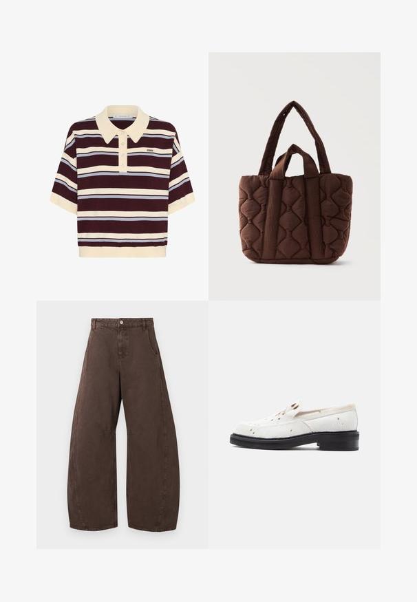 Korte mouwen polo shirt in kastanjebruin en crèmekleurige strepen met lichtblauwe accenten, met een kraag en knoopsluiting. Zacht gebreide stof.; Bruine broek met wijdere pijpen en hoge taille, met drukknoop en rits aan de voorkant en zijzakken, plat weergegeven op een witte achtergrond.; Witte instapschoenen gemaakt van textuurachtig haarachtig materiaal, met bruine vlekjes, een lage zwarte hak en een glad, minimalistisch design.; Bruine gewatteerde stoffen draagtas met twee lange en twee korte handvatten, met een golvend stikselpatroon en rechthoekige vorm.