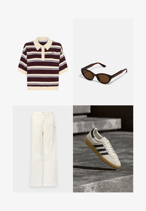Korte mouwen polo shirt in kastanjebruin en crèmekleurige strepen met lichtblauwe accenten, met een kraag en knoopsluiting. Zacht gebreide stof.; Good American GOOD 90S CARPENTER - Wide leg - white denim; Witte Adidas Spezial sneaker met zwarte strepen en gumzool, zwevend boven grijze stenen trappen buiten.; Bruine schildpad zonnebril met een vintage cat-eye vorm en bruine lenzen. Heeft gebogen armen met rode accenten.