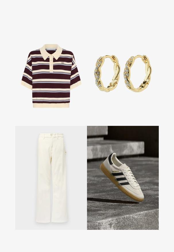 Kortærmet polo-shirt i mørkerød og creme striber med lyseblå accenter, der har krave og knaplukning. Blødt strikket stof.; Good American GOOD 90S CARPENTER - Wide leg - white denim; Hvid Adidas Spezial sneaker med sorte striber og gummisål, svævende over grå stentrin udendørs.; Guldtonede hoops ørehængere med et snoet design, der har klare ædelstene sat langs den ene side. Glat tekstur med en poleret overflade.