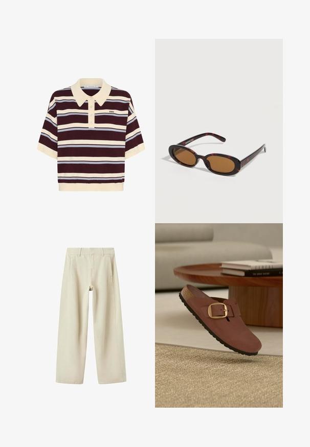 Kortærmet polo-shirt i mørkerød og creme striber med lyseblå accenter, der har krave og knaplukning. Blødt strikket stof.; Beige bukser med vide ben, sidelommer, bæltestropper og synlige syninger, vist fladt på en hvid baggrund.; Brun slip-on sko med en stor guldfarvet spænde, korksål og sort slidbane, der svæver over et beige tæppe nær et træbord med stablede bøger.; Ovalformede solbriller med skildpaddemønster, brune tonede linser og tynde stænger, der hviler på en hvid overflade.