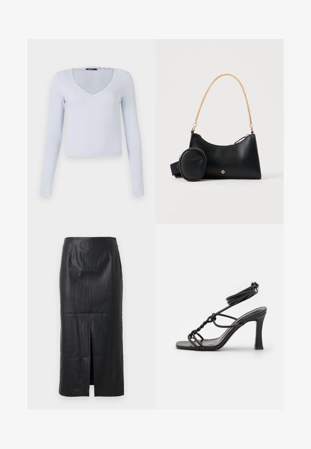 Top de manga larga azul claro con textura acanalada, escote en V y borde de encaje con forma de concha alrededor del escote y las mangas.; Falda midi de cuero negro con una abertura frontal, textura suave, diseño ajustado y un sutil detalle de costura en la parte delantera.; DeeZee Sandalias de tacón - black; Bolso de piel negra con pequeño monedero adjunto y correa de cadena dorada sobre un fondo claro y liso.