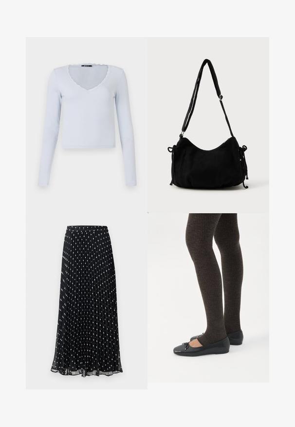 Top de manga larga azul claro con textura acanalada, escote en V y borde de encaje con forma de concha alrededor del escote y las mangas.; Falda negra plisada con lunares blancos, presenta una cintura elástica y un diseño fluido, confeccionada con tela ligera.; Piernas con leggings oscuros acanalados combinados con bailarinas negras que presentan pequeños detalles de lazo sobre un fondo blanco.; Bolso de hombro de pana negra con forma curva, correa ajustable y cierres de cordón en ambos lados para ajustar el tamaño.
