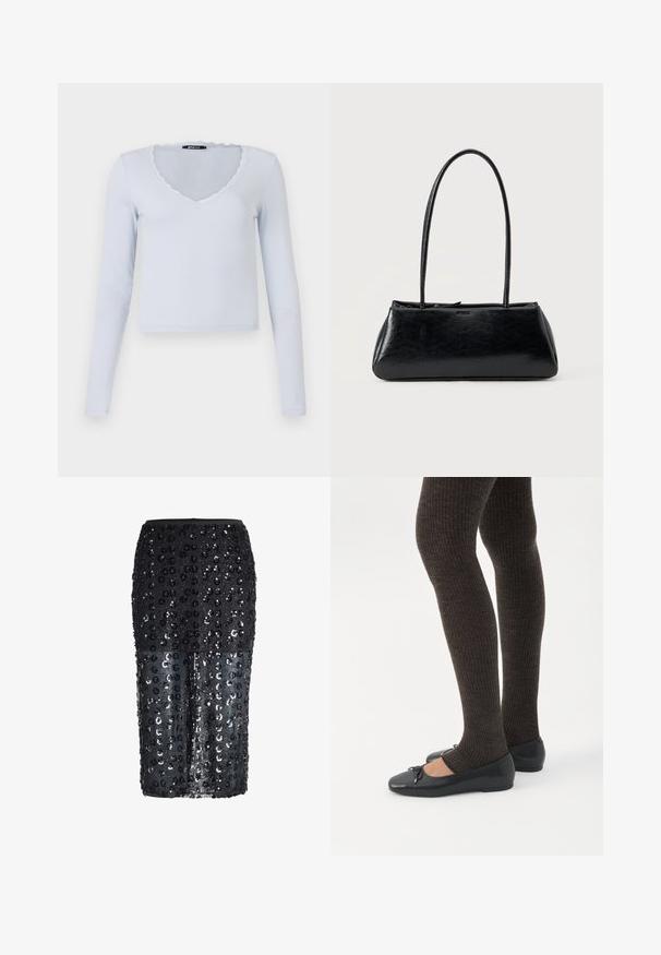 Top de manga larga azul claro con textura acanalada, escote en V y borde de encaje con forma de concha alrededor del escote y las mangas.; Falda midi negra con la mitad inferior translúcida, decorada con lentejuelas negras en forma de flores y una cintura ajustada.; Piernas con leggings oscuros acanalados combinados con bailarinas negras que presentan pequeños detalles de lazo sobre un fondo blanco.; Bolso de hombro rectangular negro con correas largas y delgadas y una textura lisa y brillante sobre un fondo liso.
