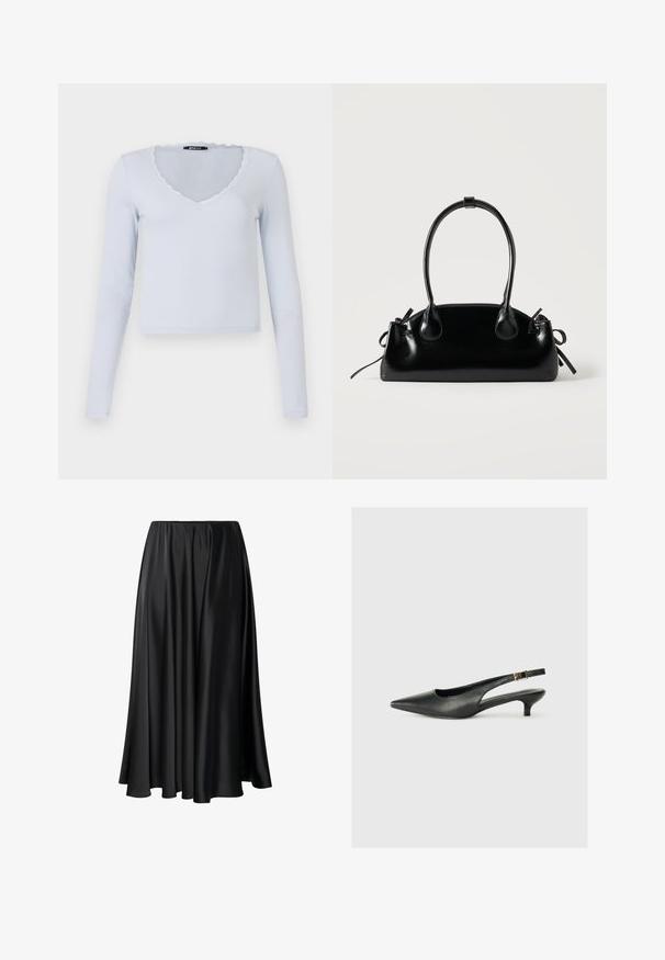Top de manga larga azul claro con textura acanalada, escote en V y borde de encaje con forma de concha alrededor del escote y las mangas.; Falda maxi negra de tejido suave, con una cinturilla elástica, silueta amplia y un dobladillo fluido sin patrones o detalles visibles.; Zapato de tacón slingback negro de punta afilada, hecho de cuero suave. Presenta un tacón delgado y un detalle de hebilla en la correa ajustable.; Pequeño bolso negro brillante con dos asas largas y detalles de cordón lateral sobre un fondo claro liso.