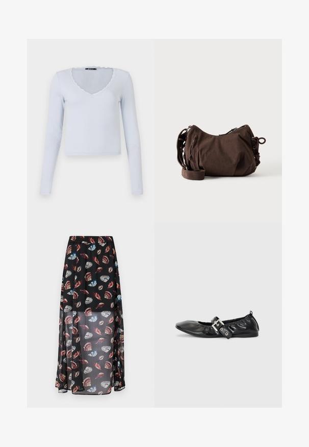 Top de manga larga azul claro con textura acanalada, escote en V y borde de encaje con forma de concha alrededor del escote y las mangas.; Falda maxi negra y semitranslúcida con cintura elástica, que presenta un estampado de conchas y mariposas multicolores. Tejido ligero y fluido.; Zapato plano de piel negra con puntera afilada, detalle fruncido alrededor de la abertura y un acento de hebilla plateada en la correa ajustable.; Bolso bandolera de pana marrón con correa ajustable, cierre de cremallera y detalles laterales con cordón sobre fondo blanco.