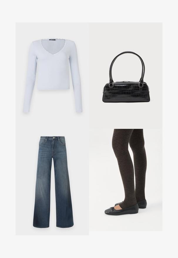 Lyseblå langærmet bluse med ribbet tekstur, V-halsudskæring og bølgede blondekanter omkring halsen og ærmerne.; Bredde denim jeans i mørkeblå, med en slidteknik, knaplukning og fem-lomme stil. Glat tekstur, minimal syning detaljer.; Ben iført mørke ribbede leggings kombineret med sorte balletsko med små sløjfedetaljer på hvid baggrund.; Sort krokodilleder-embossed taske med rektangulær form, kort rullet håndtag og lynlåslukning. Glat tekstur med blank finish.