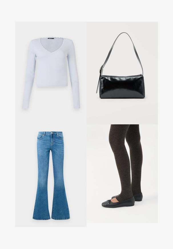 Lyseblå langærmet bluse med ribbet tekstur, V-halsudskæring og bølgede blondekanter omkring halsen og ærmerne.; Blå denim flared jeans med mellemhøj talje, der har fem lommer, en standard knaplukning og let falmning for struktur.; Ben iført mørke ribbede leggings kombineret med sorte balletsko med små sløjfedetaljer på hvid baggrund.; Sort rektangulær skuldertaske med en enkelt justerbar rem og lynlås i toppen på en ensfarvet baggrund.