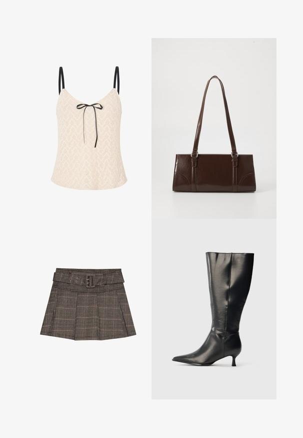 Haut en dentelle beige clair avec un motif en chevrons, doté de fines bretelles noires et d'un nœud à l'avant pour un supplément de détails.; Jupe mini à carreaux en noir, brun et beige. Comprend une taille ceinturée, des plis et un tissu texturé avec un motif géométrique.; Botte en cuir noire montant jusqu'au genou, avec un bout pointu et un petit talon bas, présentée sur un fond clair uni.; Sac à main en cuir verni marron de forme rectangulaire, avec deux longues poignées et des accents courbés subtils à l'avant.