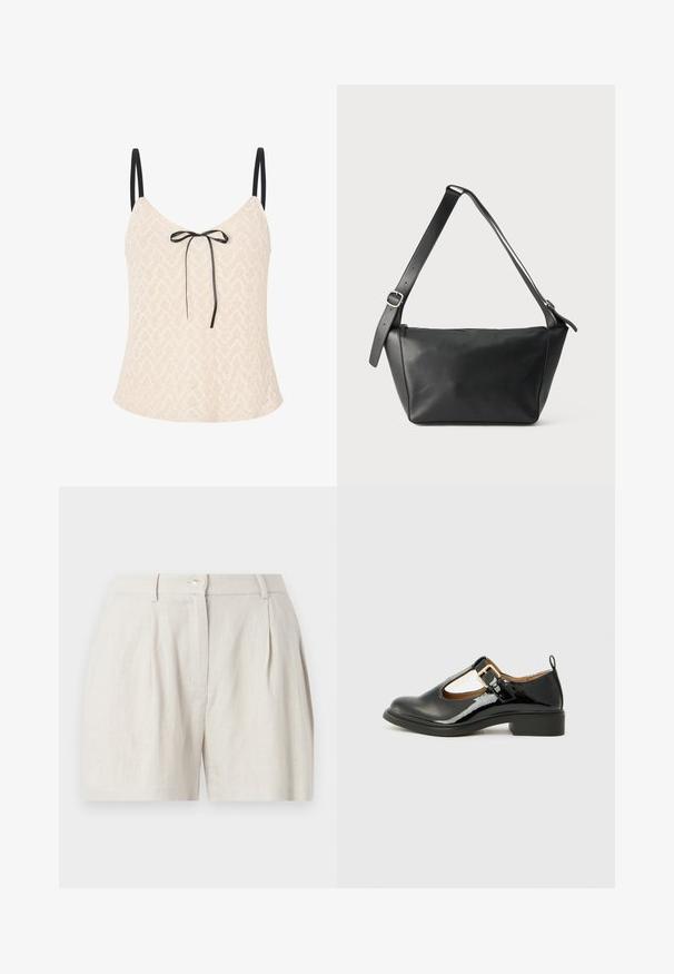 Haut en dentelle beige clair avec un motif en chevrons, doté de fines bretelles noires et d'un nœud à l'avant pour un supplément de détails.; Short en lin crème taille haute avec plis devant, poches latérales, passants de ceinture et fermeture par bouton.; Chaussure Mary Jane en cuir verni noir avec un bout arrondi, une sangle au niveau de la cheville, un détail de boucle dorée et un petit talon carré. Texture lisse.; Sac à bandoulière en cuir noir avec une large sangle réglable et une boucle argentée, présenté sur un fond clair uni.