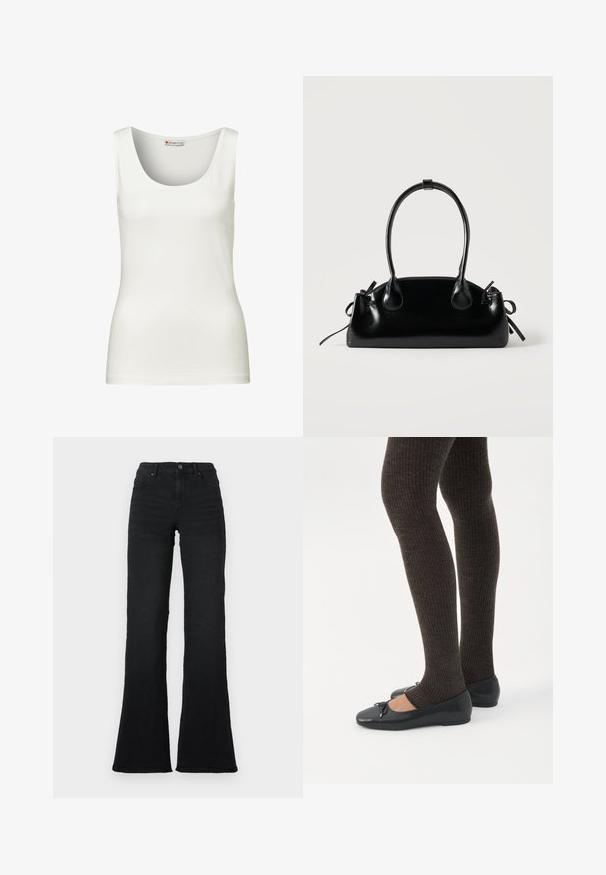 Débardeur blanc sans manches avec un col rond, fabriqué en tissu en coton lisse, présentant une coupe ajustée et sans motifs ni accents visibles.; Jean noir à taille haute évasée avec poches avant, passants de ceinture et fermeture à bouton sur fond blanc.; Jambes portant des leggings côtelés foncés associés à des ballerines noires avec de petits détails en nœud sur fond blanc.; Petit sac à main noir brillant avec deux longues anses et des détails à cordon sur les côtés sur un fond clair uni.