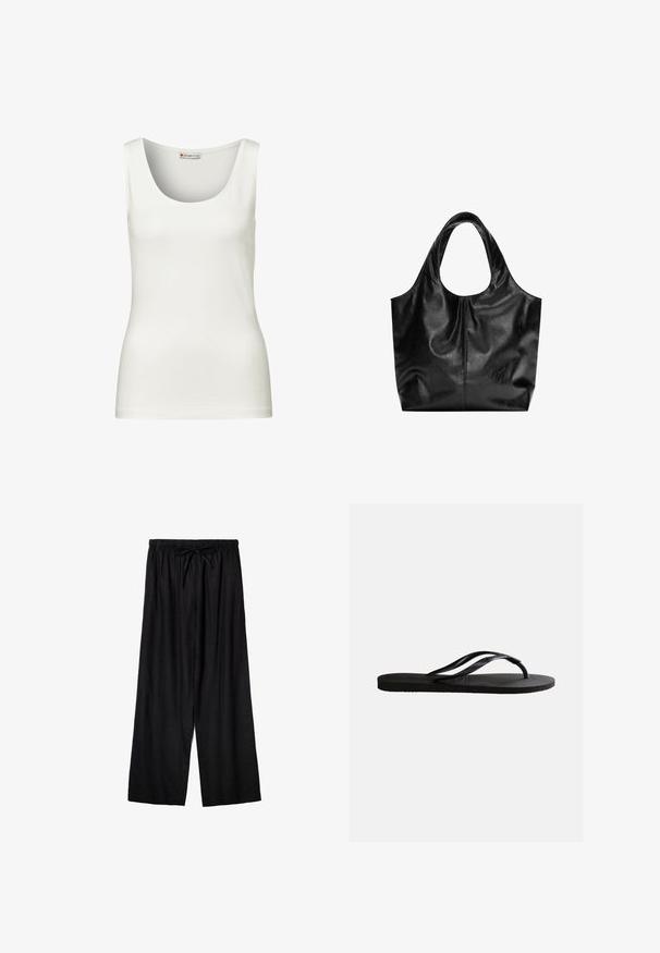 Débardeur blanc sans manches avec un col rond, fabriqué en tissu en coton lisse, présentant une coupe ajustée et sans motifs ni accents visibles.; Pantalon noir à jambes larges avec taille élastique et cordon de serrage à l'avant, en tissu léger.; Sandale tong en caoutchouc noir avec semelle texturée et fines brides en Y sur un fond blanc uni.; Sac fourre-tout en cuir noir avec une texture lisse, un haut arrondi doux et de larges poignées. Présente une couture minimale et une silhouette décontractée.