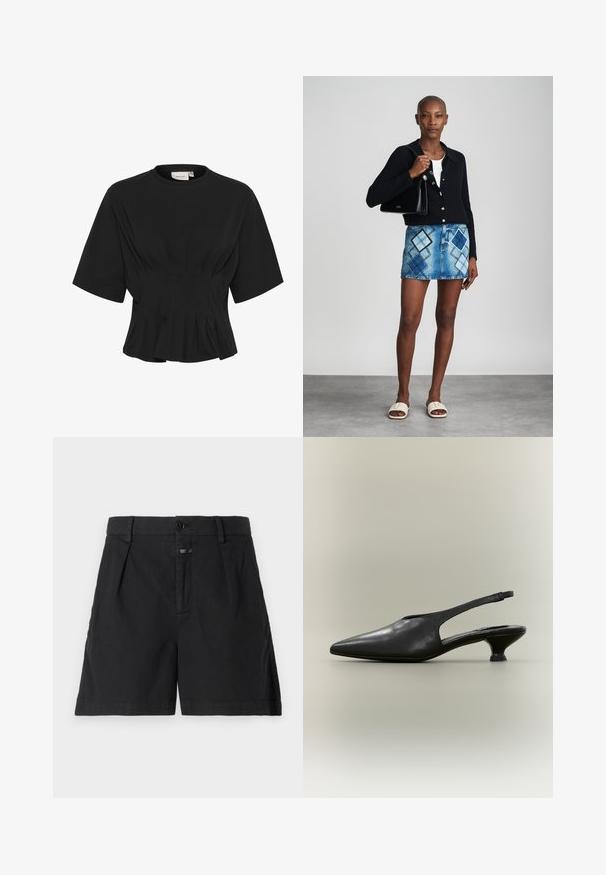 Zwarte kortärm top met een ronde halslijn, voorzien van geplooide details en een strakke lijfje dat uitloopt bij de zoom. Gemaakt van zacht materiaal.; CLOSED REVYL - Jeansshort - black; Zwarte leren slingback schoen met puntige neus en lage kittenhak op een neutrale achtergrond.; Zwarte gebreide cardigan, witte top, denimrok met blauw en zwart ruitpatroon, zwarte handtas en beige instapsandalen.