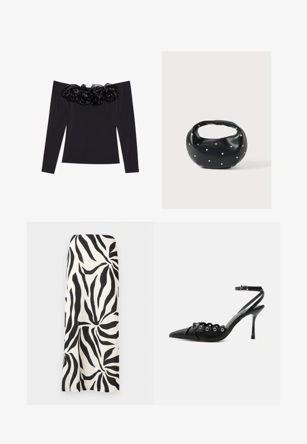Sort off-shoulder top med lange ærmer, der har en tekstureret blomsterkant i sort velour langs halsudskæringen.; Sort-hvid abstrakt zebra-stribet lige midi-nederdel med en subtil frontslids, vist fladt mod en hvid baggrund.; Sort spids hæl med bølgede kanter, metaløjer, snørelukning foran og ankelrem med spænde.; Sort læderhåndtaske med en rundet form, dekoreret med sølvnitter, og et kort håndtag. Glat tekstur og lynlåslukning.