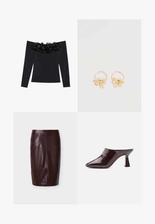 Sort off-shoulder top med lange ærmer, der har en tekstureret blomsterkant i sort velour langs halsudskæringen.; Brun læderblyantskørt med glat tekstur, med to sidelommer og syninger foran, designet til en tætsiddende pasform.; Skinnende mørkebrun mule med spids tå og blokhæl samt DKNY-logo på siden, vist på en ren hvid baggrund.; Gyldne øreringe i hoop med store, teksturerede blomsterformede vedhæng, vist på en ensartet hvid baggrund.