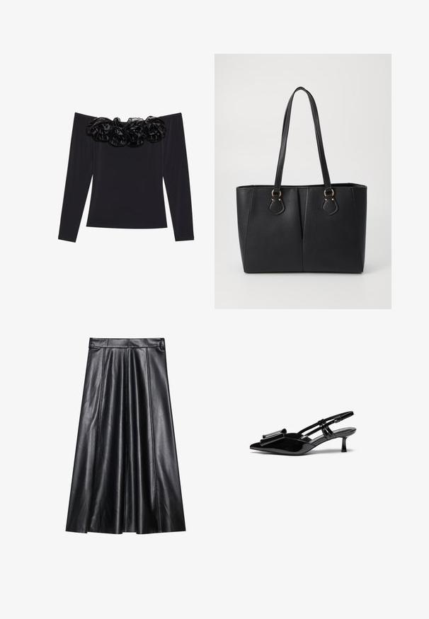 Top negro sin mangas con largas mangas, que presenta un borde floral texturizado de terciopelo negro a lo largo del escote.; Falda de cuero negro en corte A con plisados, con una textura suave, cinturilla ajustada y detalles de costura visibles. Sin acentos adicionales.; Zapatos de tacón slingback de charol negro con punta afilada, detalle de lazo en el frente y un pequeño tacón de aguja. Las correas tienen hebillas ajustables.; Bolso tote de cuero sintético negro con un acabado texturizado, dos asas largas y detalles en tono dorado en el lateral. Forma rectangular.