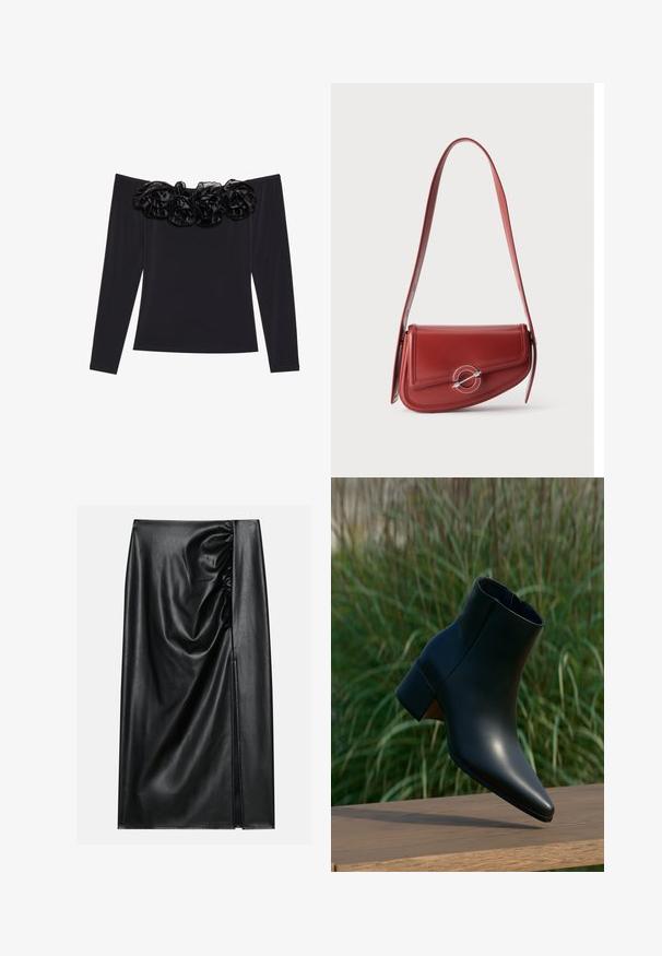 Sort off-shoulder top med lange ærmer, der har en tekstureret blomsterkant i sort velour langs halsudskæringen.; Sort læderskirt med en glat overflade, der har en indsamlet sektion på den ene side og en skråning på siden for ekstra detaljer.; Sort læderankelstøvle med blokhæl, spids tå, vist over et trægulv med grøn sløret græs i baggrunden.; Rød læder skuldertaske med en buet klap og sølv cirkulær spænde på en ensfarvet lys baggrund.