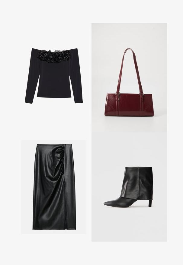 Sort off-shoulder top med lange ærmer, der har en tekstureret blomsterkant i sort velour langs halsudskæringen.; Sort læderskirt med en glat overflade, der har en indsamlet sektion på den ene side og en skråning på siden for ekstra detaljer.; Sort læderstøvle til midten af læggen med spids tå, foldet øvre skaft og slank lav hæl, der står på hvid baggrund.; Bordeaux håndtaske lavet af glansfuldt materiale, rektangulær form, med to skulderremme og subtile buede detaljer på forsiden.