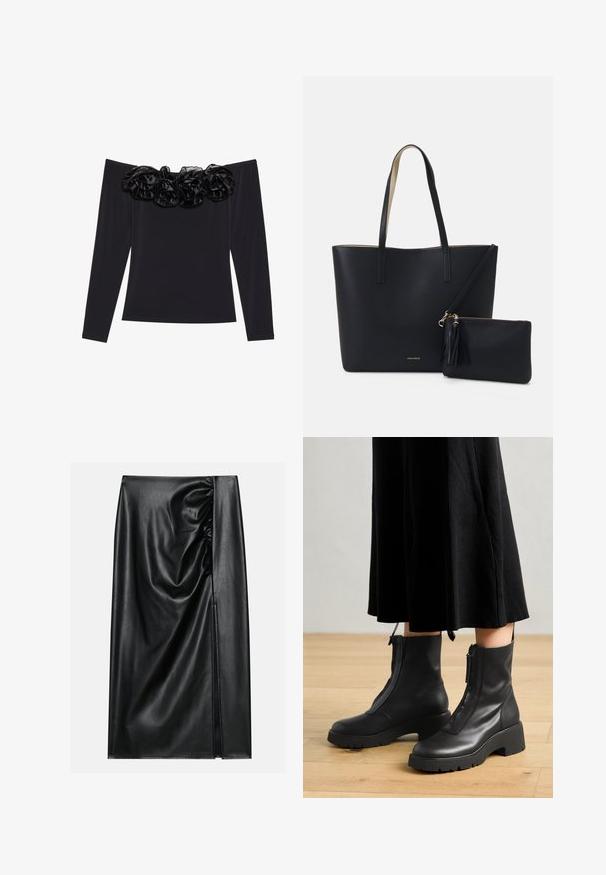 Top negro sin mangas con largas mangas, que presenta un borde floral texturizado de terciopelo negro a lo largo del escote.; Falda de cuero negro con una textura suave, con una sección fruncida en un lado y una abertura lateral para añadir detalle.; Botas de tobillo de cuero negro con suela de plataforma gruesa y cremallera delantera. Textura suave con un diseño minimalista.; Bolsa tote negra con material texturizado, dos asas largas y un bolso con cremallera removible que cuenta con un detalle de borlas. Logo de la marca en dorado visible.