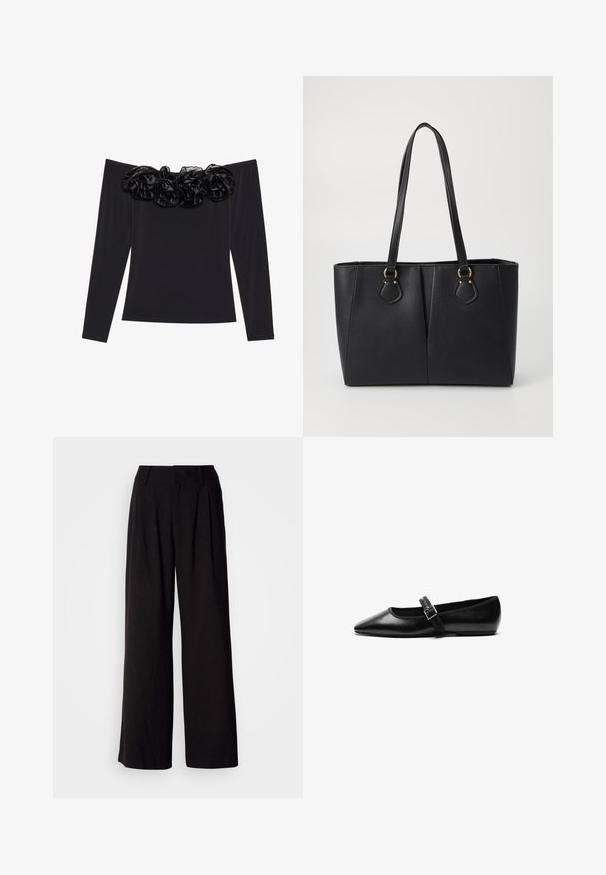 Sort off-shoulder top med lange ærmer, der har en tekstureret blomsterkant i sort velour langs halsudskæringen.; Sorte bukser med vid benvidde lavet af glat stof, med folder foran, en tætsiddende talje og uden synlige mønstre eller detaljer.; Sorte flade sko lavet af læder med spidse tæer, justerbar rem med metalspænde, glat tekstur og minimalistisk design.; Sort faux læder tote taske med en tekstureret finish, to lange håndtag og hardware i guld tone-accenter på siden. Rektangulær form.