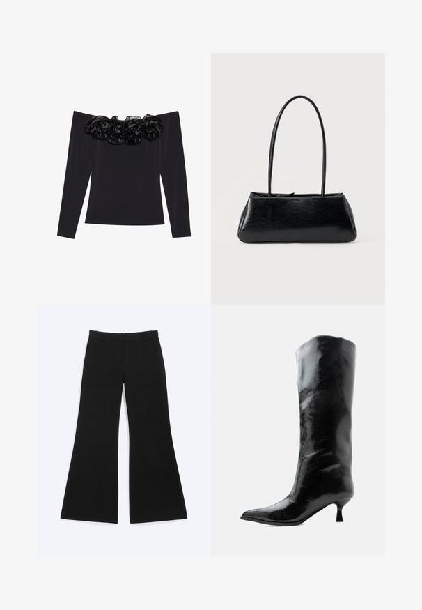 Top negro sin mangas con largas mangas, que presenta un borde floral texturizado de terciopelo negro a lo largo del escote.; Pantalones negros de pierna ancha con trabillas y bolsillos laterales, exhibidos planos sobre un fondo blanco.; Bota negra de cuero brillante hasta la rodilla con punta puntiaguda y tacón bajo curvado sobre un fondo claro y liso.; Bolso de hombro rectangular negro con correas largas y delgadas y una textura lisa y brillante sobre un fondo liso.
