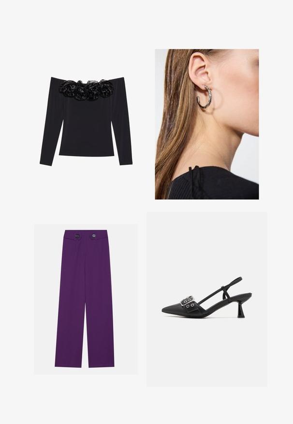 Sort off-shoulder top med lange ærmer, der har en tekstureret blomsterkant i sort velour langs halsudskæringen.; Lilla vide bukser har et glat stof, to store knapdetaljer i taljen og to forlommer.; Simmi London DALA - Pumps - black; Sølv hoop ørestik med en poleret overflade, prydet med små guld accenter og en rund form, båret på øreflippen.