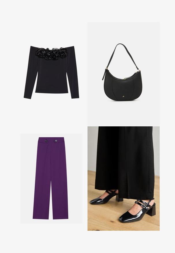 Top negro sin mangas con largas mangas, que presenta un borde floral texturizado de terciopelo negro a lo largo del escote.; Los pantalones de pierna ancha en color púrpura presentan una tela suave, dos grandes botones en la cintura y dos bolsillos delanteros.; Zapatos de charol negro tipo slingback con puntera cuadrada, que cuentan con dobles correas ajustables en el tobillo y tacones en bloque. Acabado suave y brillante.; Bolso de mano de cuero negro con forma curva, superficie texturizada, costuras frontales y un logo en tono dorado. Cuenta con una sola correa ajustable.