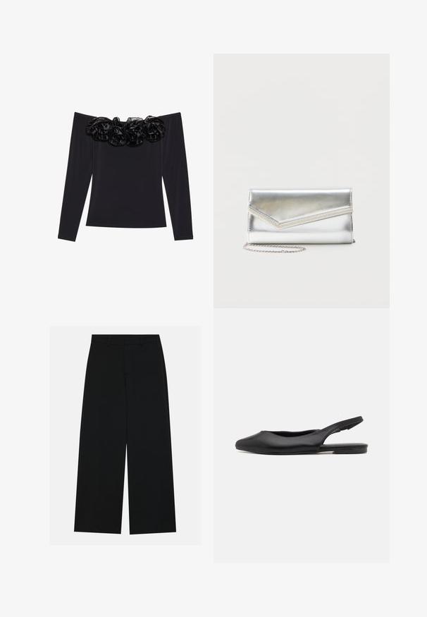 Top negro sin mangas con largas mangas, que presenta un borde floral texturizado de terciopelo negro a lo largo del escote.; Pantalones negros de pierna ancha hechos de una tela suave. Presentan una cintura plana con pasadores de cinturón y sin bolsillos visibles. Diseño sencillo.; Zapato slingback de cuero negro con punta afilada, tacón plano y diseño de corte curvado. Textura suave y estilo minimalista.; Bolso clutch plateado brillante con solapa de estilo sobre y adorno decorativo, pequeña correa de cadena plateada, sobre fondo liso claro.