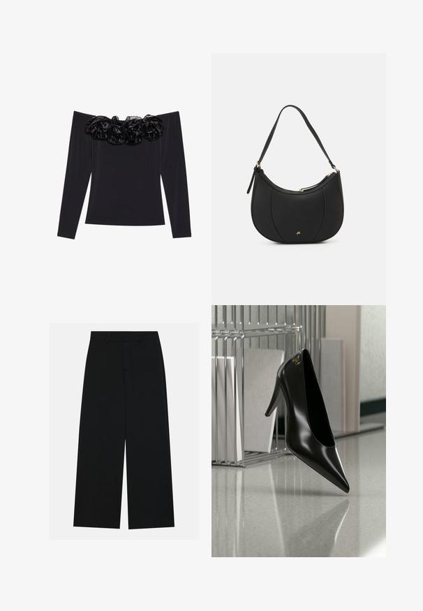 Top negro sin mangas con largas mangas, que presenta un borde floral texturizado de terciopelo negro a lo largo del escote.; Pantalones negros de pierna ancha hechos de una tela suave. Presentan una cintura plana con pasadores de cinturón y sin bolsillos visibles. Diseño sencillo.; Zapato de tacón alto negro con punta afilada y logo dorado, colocado sobre una superficie reflectante cerca de un organizador de archivos de alambre cromado con documentos.; Bolso de mano de cuero negro con forma curva, superficie texturizada, costuras frontales y un logo en tono dorado. Cuenta con una sola correa ajustable.