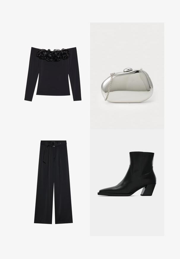 Top negro sin mangas con largas mangas, que presenta un borde floral texturizado de terciopelo negro a lo largo del escote.; Pantalones de pierna ancha negros, confeccionados en una tela suave, que presentan una cintura alta con un cinturón y detalles de lazo, y pliegues frontales prominentes.; Bota de tobillo de cuero negro con punta afilada, una silueta elegante y un tacón cuadrado grueso. Textura suave con detalles de costura mínimos.; Clutch de metal plateado con forma redondeada y suave. Cuenta con un cierre de broche y una cadena desmontable. Superficie reflectante sin patrones.
