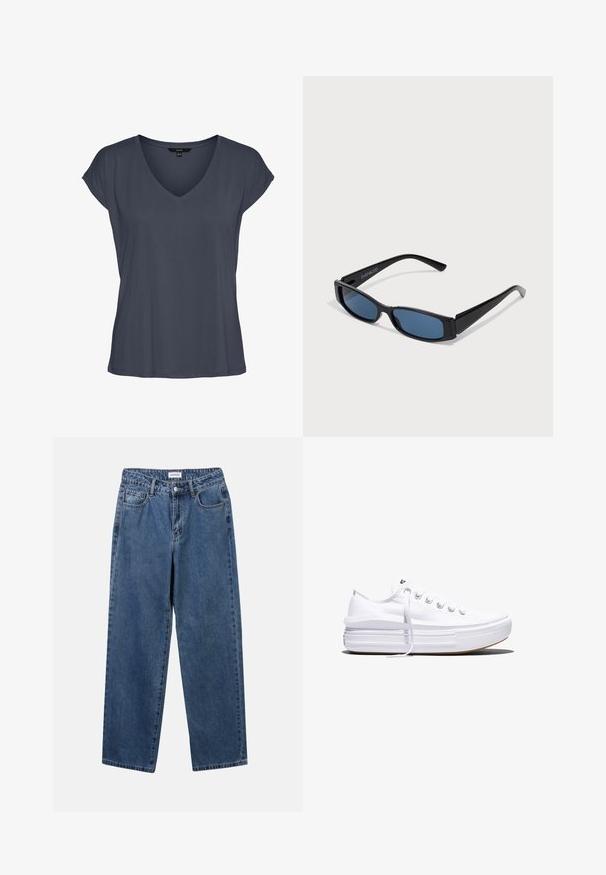 Mørkegrå kortærmet dameskjorte med V-hals, afslappet pasform og let sænkede skuldre, vist fladt på en hvid baggrund.; Klassiske blå denimbukser med lige ben, fem lommer og knaplukning. Har en medium vask og en robust tekstur.; Hvid lavt snørestøvle med tyk plateau-sål, snørelukning foran og gummiforstærket tåkap, set i sideprofil.; Sorte solbriller med en slank rektangulær ramme og blå linser. Har en glat overflade og robuste stænger. Mærkets logo på siden.