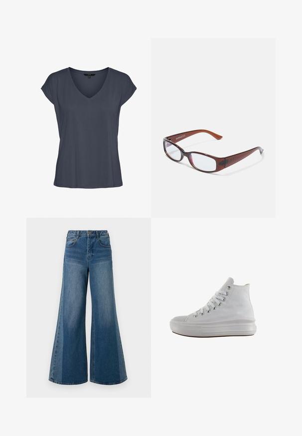 Dunkelgraues Damen-T-Shirt mit V-Ausschnitt, kurzen Ärmeln, lockerem Schnitt und leicht hängenden Schultern, flach auf weißem Hintergrund dargestellt.; Weite Denim-Jeans in dunkelblauem Washed, mit hoher Taille, fünf Taschen und klassischem Knopfverschluss. Glatte Textur mit minimaler Verblassung.; Weißer High-Top-Canvas-Sneaker mit weißen Schnürsenkeln, metallischen Ösen, dicker Gummisohle und strukturierter Zehenkappe, nach links auf weißem Hintergrund ausgerichtet.; Braun getönte rechteckige Brille mit glänzender Oberfläche, schlanken Bügeln und transparenten Gläsern. Logo auf dem linken Bügel sichtbar.