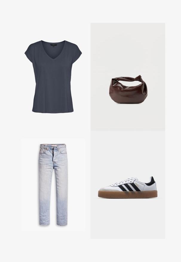 Mørkegrå kortærmet dameskjorte med V-hals, afslappet pasform og let sænkede skuldre, vist fladt på en hvid baggrund.; Lyseblå denimjeans med lige ben, der har en knaplukning, fem lommer og en diskret falmning langs benene.; Hvide lædersneakers med sorte striber, gummirubber sål, rund tå, snørelukning og blød grå ruskinds tåhætte.; Mørkebrun læder skuldertaske med en blød, afslappet form og et snoet knudehåndtag på en ensartet hvid baggrund.