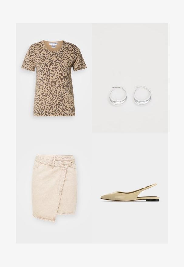 Kortærmet beige t-shirt med leopardmønster, der har en rund halsudskæring og et lille guld logo-akkcent på forsiden.; Beige denim miniskirt med et omviklet design, der har en knaplukning, synlige sømme og en let slidt tekstur.; Beige spids tå slingback flad sko med lav sort hæl og en glat læderfinish, vist fra siden på en ensfarvet baggrund.; Sølv hoops øreringe med en poleret overflade og DKNY branding, præsenteret mod en simpel hvid baggrund.