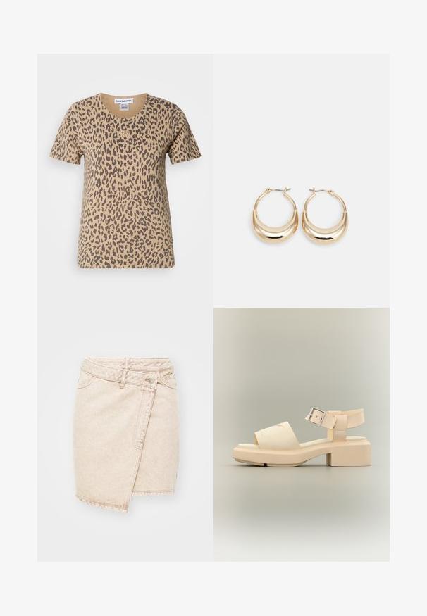 Kortærmet beige t-shirt med leopardmønster, der har en rund halsudskæring og et lille guld logo-akkcent på forsiden.; Beige denim miniskirt med et omviklet design, der har en knaplukning, synlige sømme og en let slidt tekstur.; Beige sandal med bred rem, justerbar ankelspænde og lav, kraftig hæl på neutral baggrund.; Guldtonede hoops øreringe med en halvmåneform, poleret overflade og hængsel-lukning. Den glatte tekstur og den reflekterende finish forbedrer synligheden.