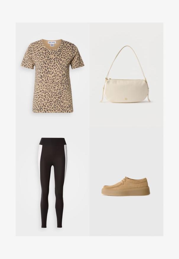 Kortærmet beige t-shirt med leopardmønster, der har en rund halsudskæring og et lille guld logo-akkcent på forsiden.; Sorte leggings med bred talje, med hvide sideløsninger. Lavet af strækbart stof med en glat tekstur og en tætsiddende pasform.; Herre sko i lysebrunt suede med snørebånd og kraftig sål, set fra siden, mod en ensfarvet lys grå baggrund.; Kræmmerhvid lille skuldertaske med enkelt rem, lynlås og diskret gyldent mærkelogo på forsiden.