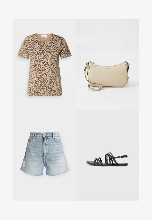 Kortærmet beige t-shirt med leopardmønster, der har en rund halsudskæring og et lille guld logo-akkcent på forsiden.; Lyseblå denimshorts med høj talje, forreste knap og lynlås, forlommer, let distressed detalje på venstre lår og frynsede kanter.; Sorte lædersandaler med flere slanke remme, en flad sål og en justerbar ankelrem med en rund spænde detalje.; Beige læder crossbody taske med en buet form, gyldne metaldele, lynlås lukning, og en justerbar rem. "BOSS" logo prægede foran.