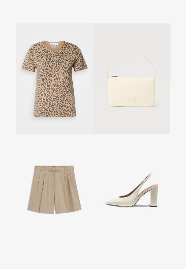 Kortærmet beige t-shirt med leopardmønster, der har en rund halsudskæring og et lille guld logo-akkcent på forsiden.; Beige plisserede shorts med et slankt matchende bælte med spænde i guld og dekorativ kædedetalje på hvid baggrund.; Kvindes slingback højhælede sko i cremefarve med spids tå og blokhæle på hvid baggrund.; Kremfarvet rektangulær håndtaske med en enkelt rem og lynlås øverst, med en lille præget logo-plakette foran.
