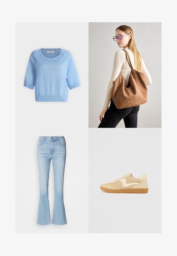 Pull bleu clair à manches courtes avec encolure ronde et poignets et ourlet côtelés, étiqueté Marc O'Polo Denim.; Jean évasé bleu clair en denim avec taille haute, présentant une décoloration subtile et une fermeture à glissière standard.; Sneaker beige avec des matériaux en daim et en maille, forme arrondie, col rembourré proéminent et semelle en caoutchouc gomme. Présente un accent de design en forme de vague.; Sac fourre-tout en daim marron avec une texture douce, grande ouverture et longues sangles. Présente un design simple avec des coutures visibles et sans matériel.
